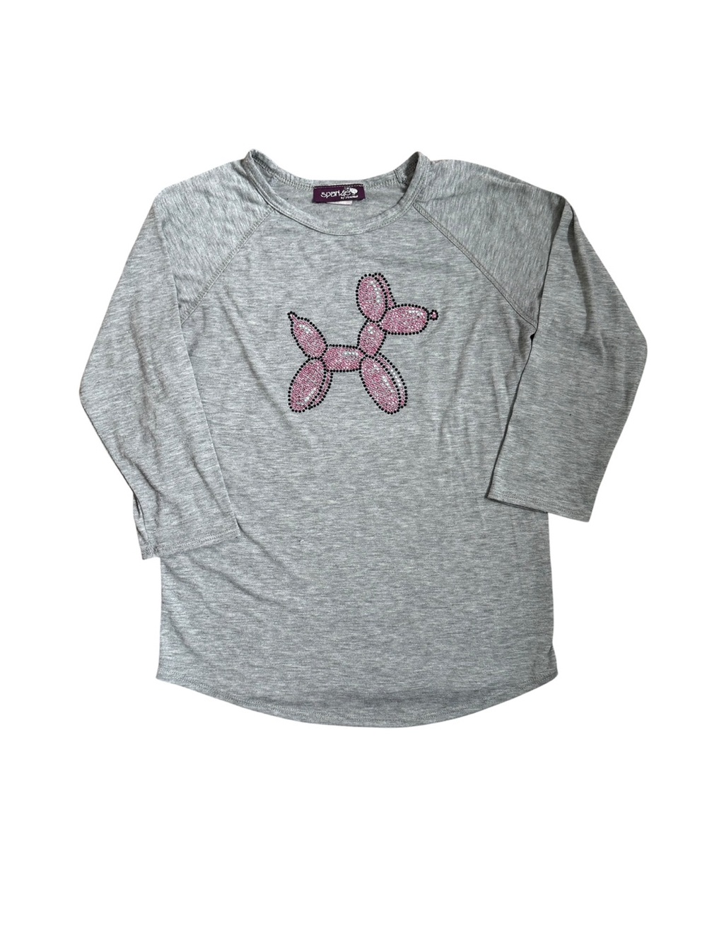Sparkle by Stoopher Balloon Dog Rhinestone Tee Girl Size 14 Gray Pink 3/4 Sleeve